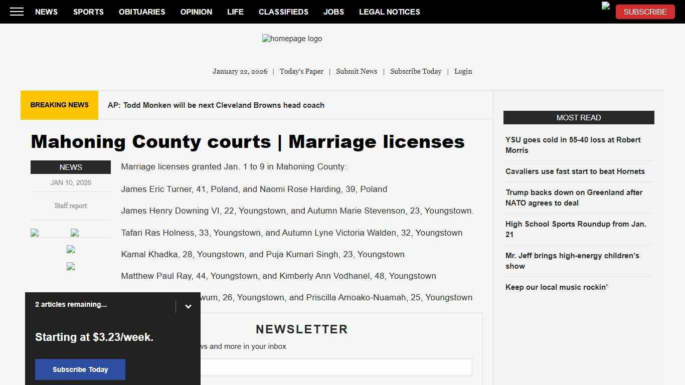 Mahoning County courts Marriage licenses News, Sports, Jobs - The Vindicator