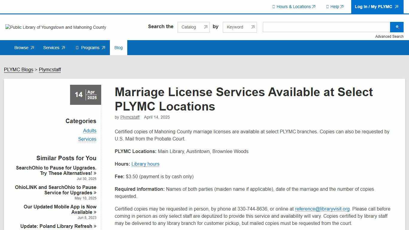 Marriage License Services Available at Select PLYMC Locations The Public Library of Youngstown & Mahoning County