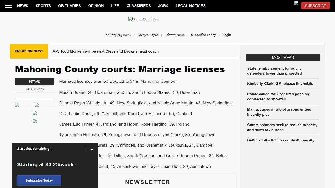 Mahoning County courts: Marriage licenses News, Sports, Jobs - The Vindicator
